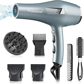 Ionic Salon Hair Dryer, Professional Blow Dryer AC Motor Fast Drying with 2 Speed, 3 Heat Setting, Cool Button, with Diffuser, Nozzle, Concentrator Comb for Curly & Straight Hair-Blue