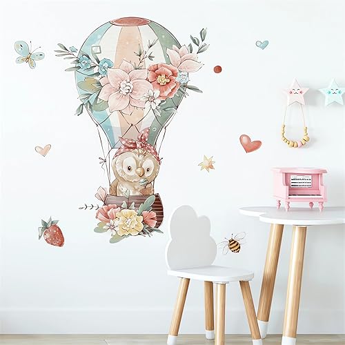 Miniatura 3 de Calcomanías de pared de globo de aire caliente con diseño de búho bebé, diseño de mariposa, abeja, fresa, caricatura, animal, vinilo extraíble,
