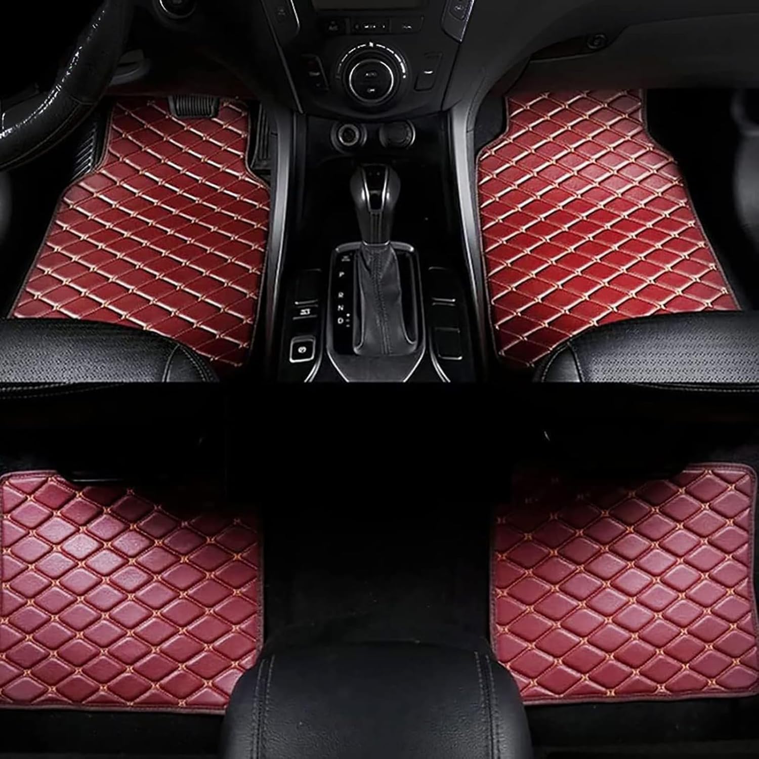 Leather Car Floor Mats for Jeep Compass 2017 2018 2019 2020 2021 2022 2023 2024 2025, All Weather Waterproof Non-Slip Leather Floor Liner Full Set(RHD),F-Wine Red