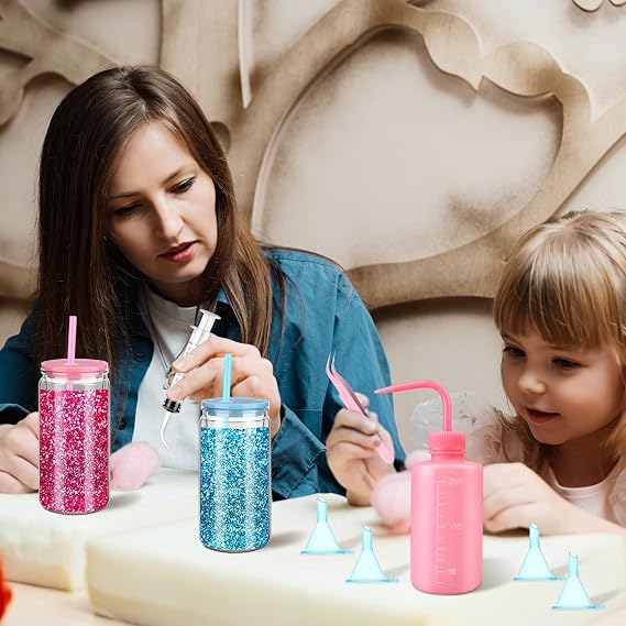 ULELE 16 Pcs Snow Globe Tumbler Supplies Including 16 oz Plastic Snowglobe Cups with Lids and Straws Squeeze Bottle Bent Spout Syringe Tweezers Funnels for Glitter Snow Globe DIY Craft Gifts