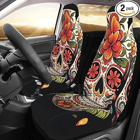 Colorful Sugar Skull Car Seat Cover Soft Comfy Front Seat Protector Cover Washable Breathable Seat Covers 2 Pcs for Cars Vehicle Seats Cushion Pad Universal Fit for Most SUV Sedan Truck