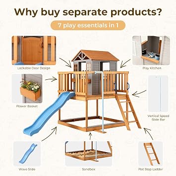 Elevated Wooden Kids Playhouse with Wave Slide,Wrap-Around Deck,Flat-Step Ladder,Half Door Windows,Vertical Speed Slide Pole and Sandbox,for Outdoor Backyard Play