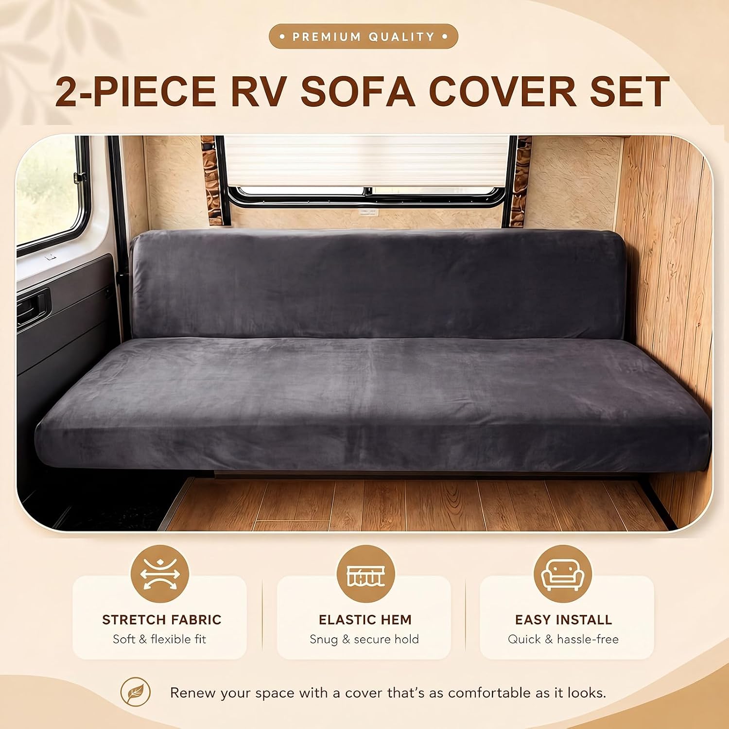 RV Couch Covers for Sofa Bed, 2-piece Velvet Stretchable Backrest and Seat Covers for Jackknife Sleeper Sofas, Soft RV Sofa Slipcovers for Camper, Motorhome, Travel Trailer(Gray)