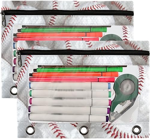 Miniatura 2 de Group of Baseballs - Estuche para lápices para 3 anillas, con bolsillo transparente para ventana, estuche para lápices con cremallera suave para