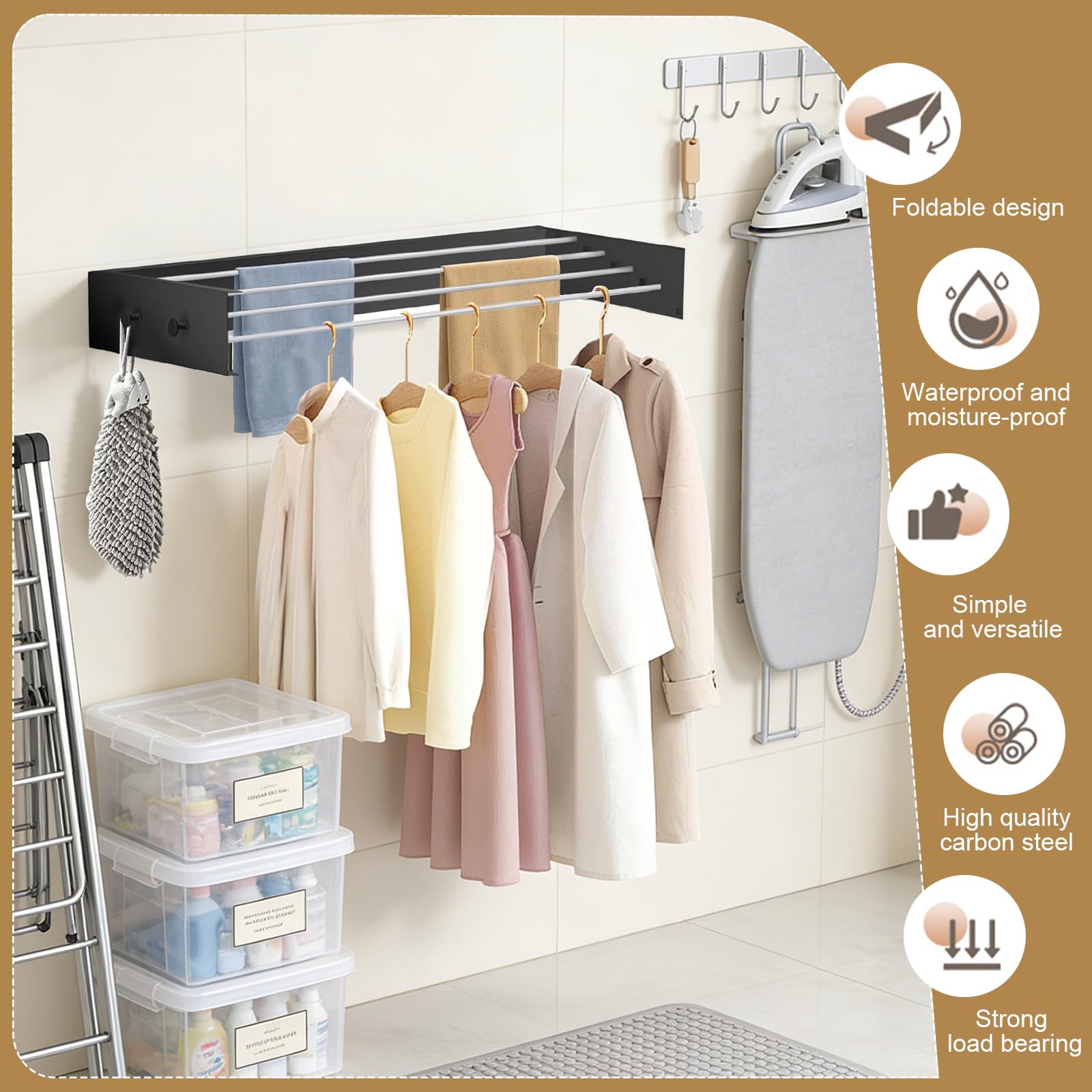 Séchoir à linge mural avec crochets de mise à niveau, simple, pliable, pour l'intérieur ou l'extérieur, extensible pour balcon, 60 cm avec 4 crochets, noir