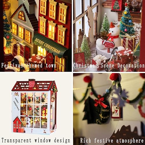 Miniatura 3 de Soporte para libros de Navidad con cubierta antipolvo, rompecabezas 3D, kit de modelo de casa de muñecas en miniatura, kit de construcción de madera