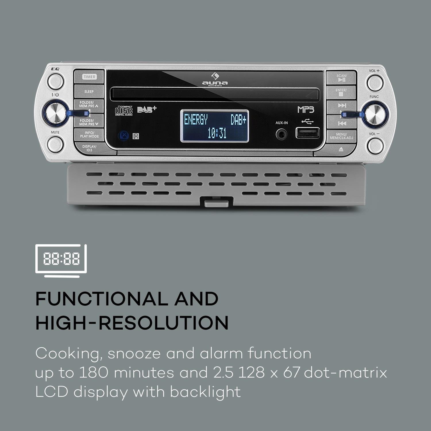 AUNA KR-400 CD - Radio da Cucina, Sottopensile, DAB+/PLL, FM, CD/MP3, Bluetooth, AUX, USB, 40 Stazioni Memorizzabili, Sveglia, Telecomando, Argento