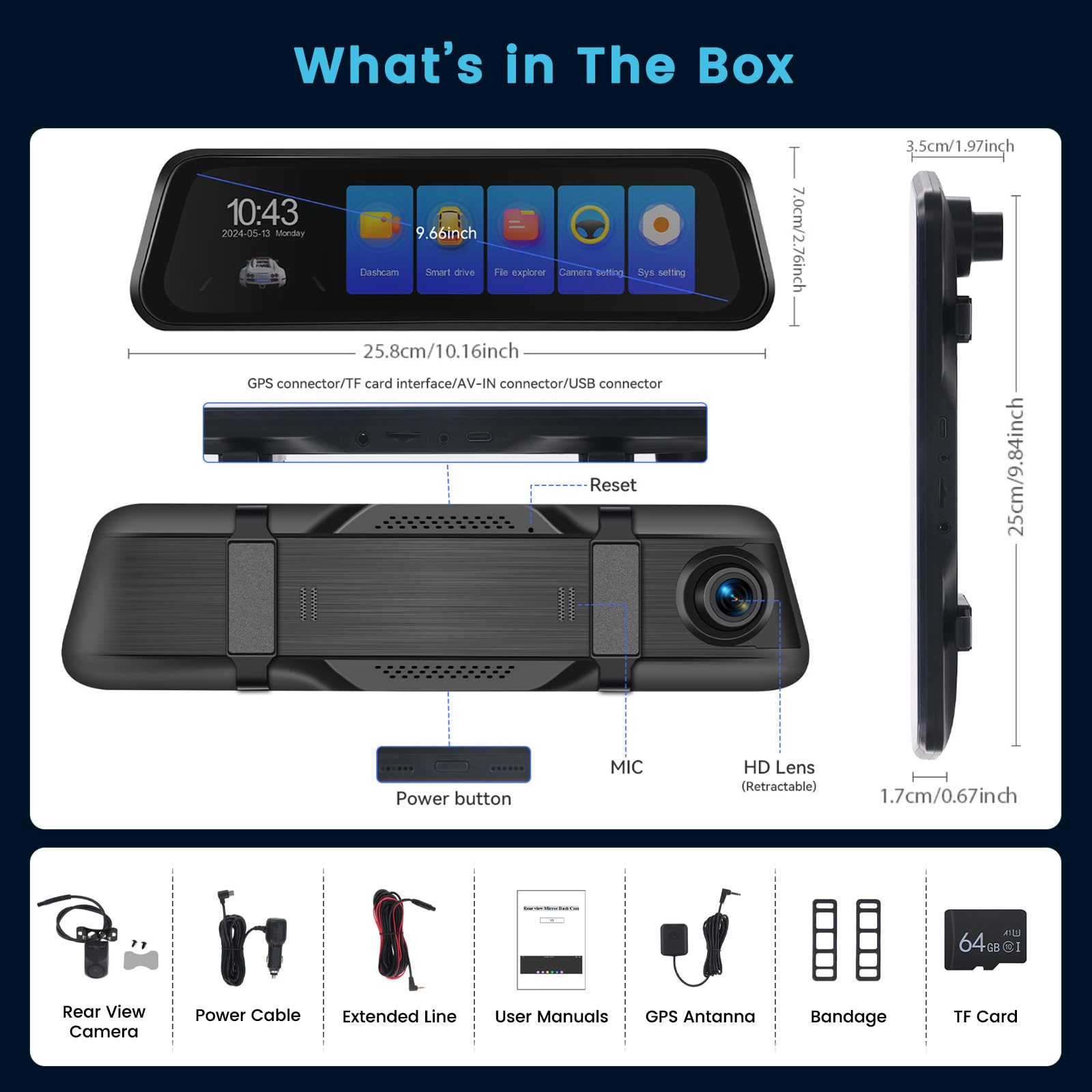 Inefala 4K WiFi Dashcam Espejo Retrovisor con GPS App, 9.66'' Espejo Retrovisor con Camara Frontal y Trasero, Cámara Retrovisor para Coche con Sensor G, Tarjeta SD de 64 GB, ADAS, Grabación en Bucle