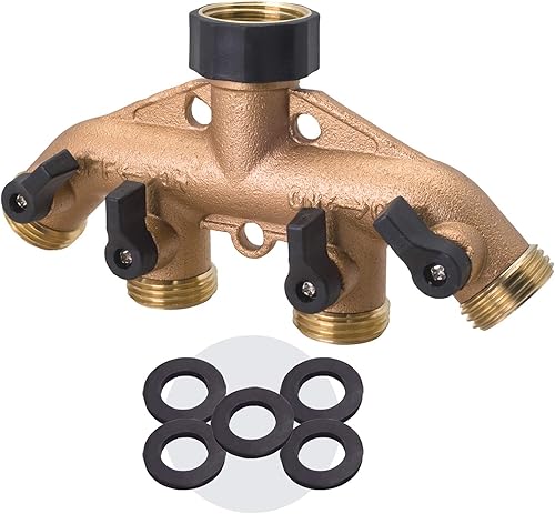 Melnor 65077-AMZ - Divisor de manguera de jardín de metal resistente de 4 vías, adaptador de manguera con 5 arandelas sin fugas, divisor de babero
