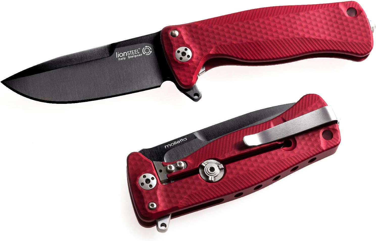 Lion Steel SR22A Sleipner Frame Lock Folding Pocket Knife - Machined Aluminum Handle, IKBS Ball Bearing System, Dual Carry Clip (Red Handle, Black Blade), one Size