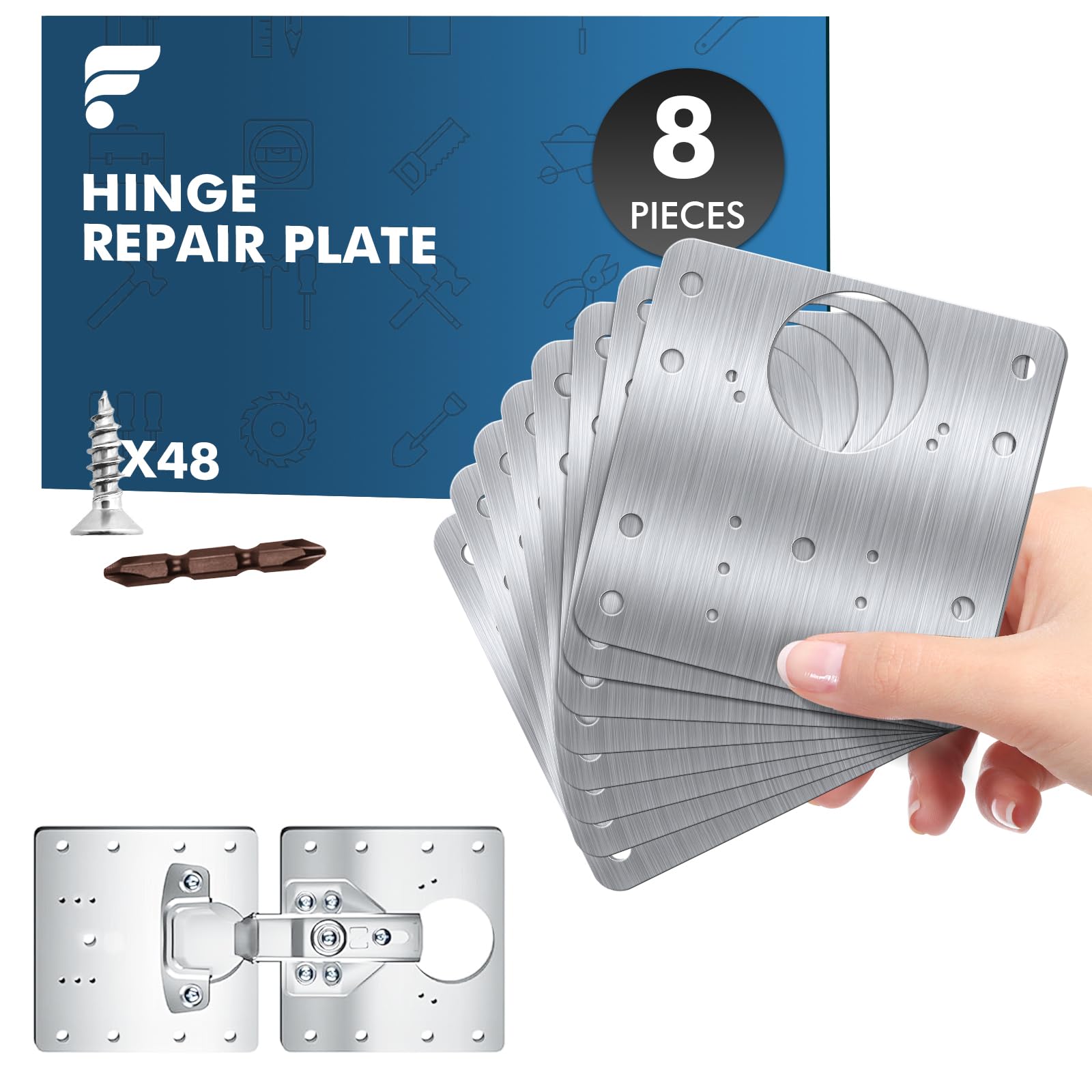 shinfly Hinge Repair Plate, 8 Pieces Door Hinge Repair Kit, with 48 Pieces Screws, Stainless Steel Hinge Repair Kit for Repair Cabinet Doors, Wardrobes, Bookshelves