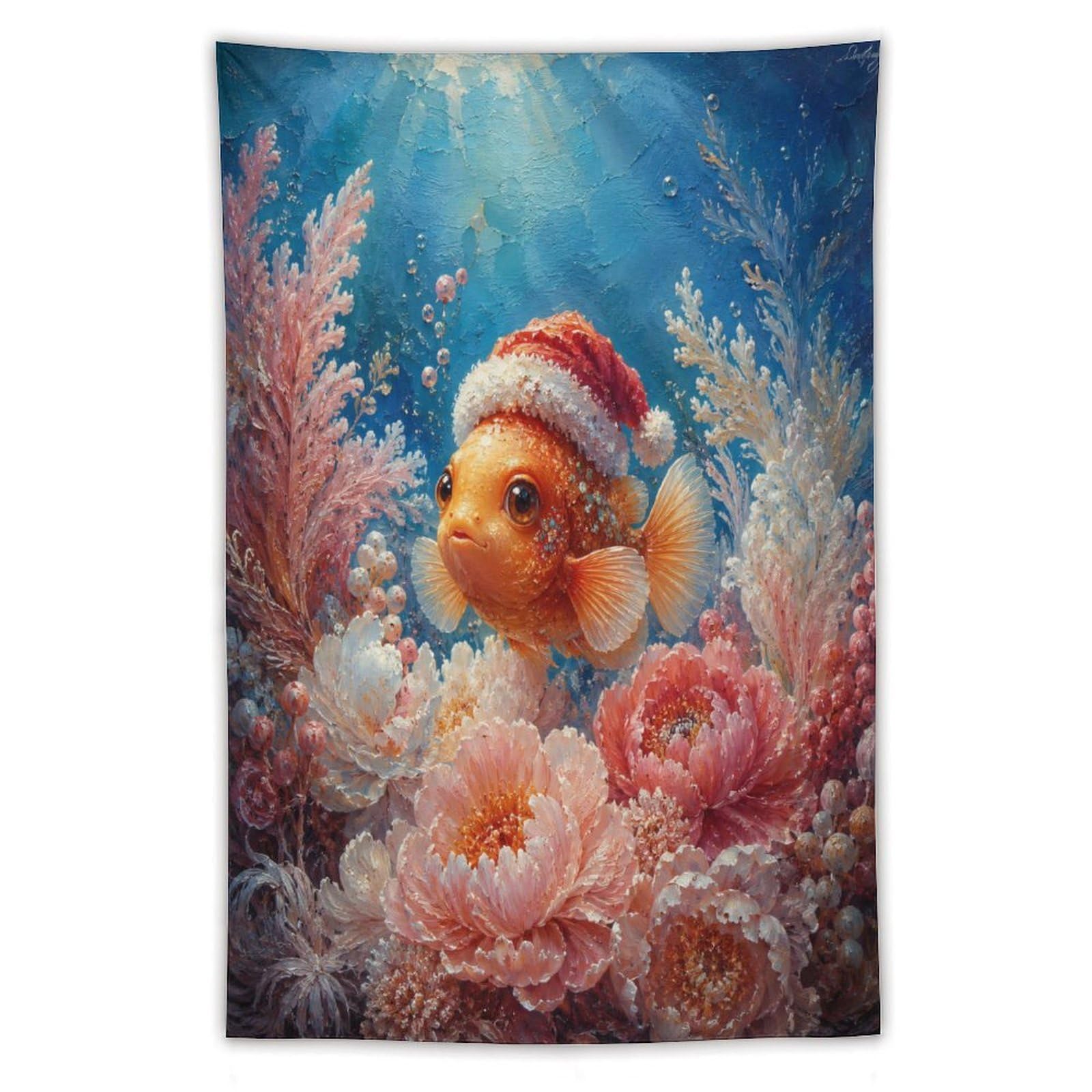 W7C8U2X3 Clownfish Santa Hat Coral Wall Tapestry, Oil Painting