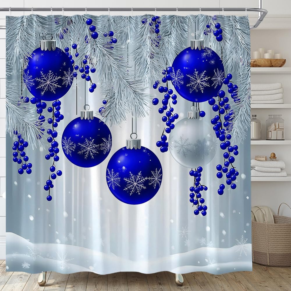 Purple Christmas Ball Shower Curtain Merry Christmas Snowy Pine Twig Berry Winter Holiday Fabric Bathroom Decor Set with Hooks(84" Wx70 H)