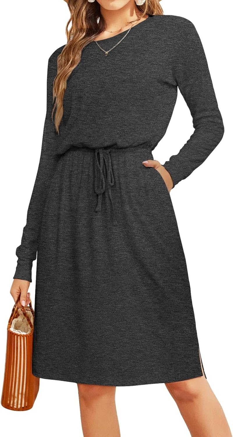 Simier Fariry Womens Spring Hide Belly Knee Length Travel Dress Pocket Summer Short Sleeve Midi Work Casual Outfits