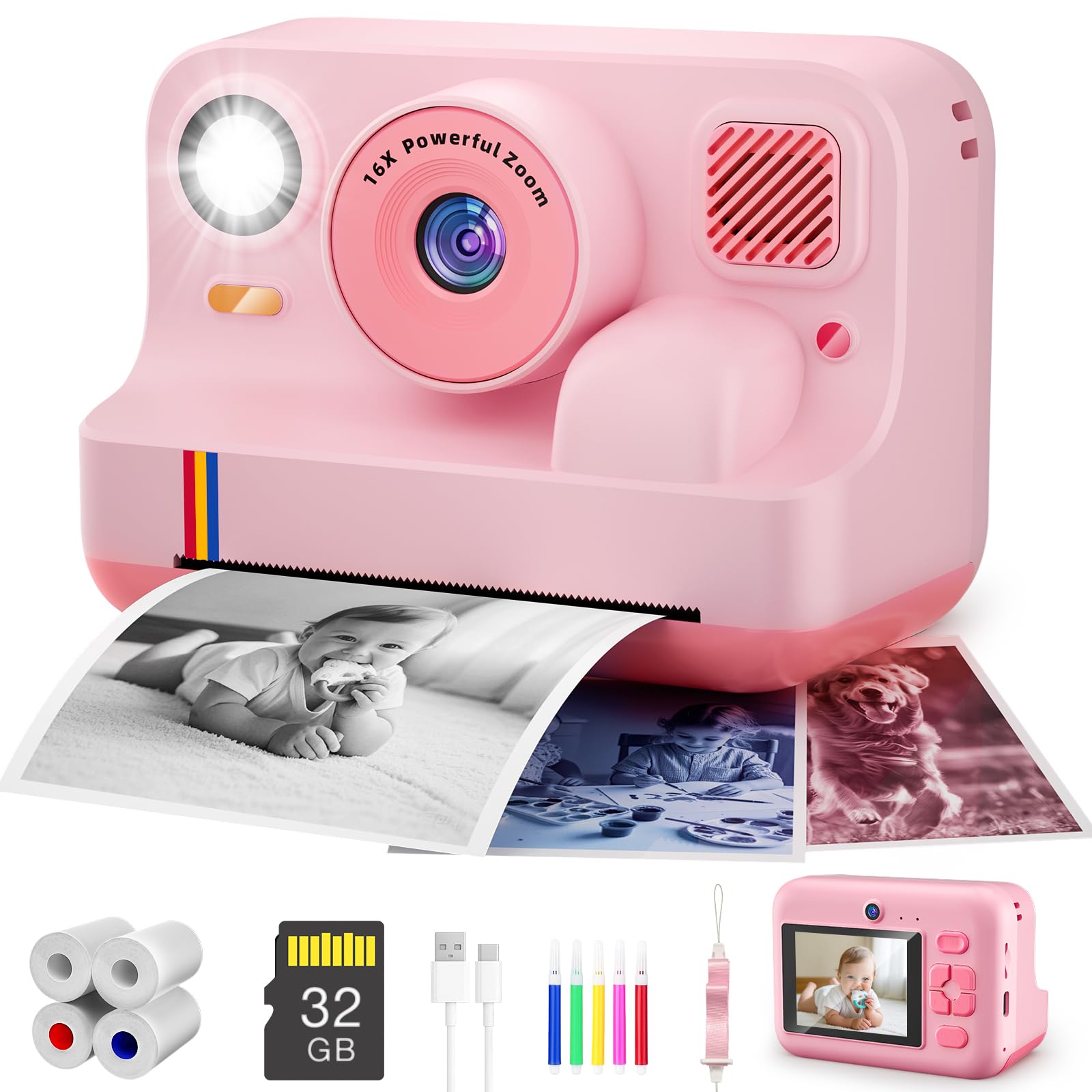 Instant Print Camera for Kids, App Printing, 1080P Video, Dual-Lens Selfie Digital Camera with 32G SD, Christmas Birthday Gifts for Girls Boys 4 5 6 7 8 9 10 11 12 Year Old, Portable Toddler Toy Pink