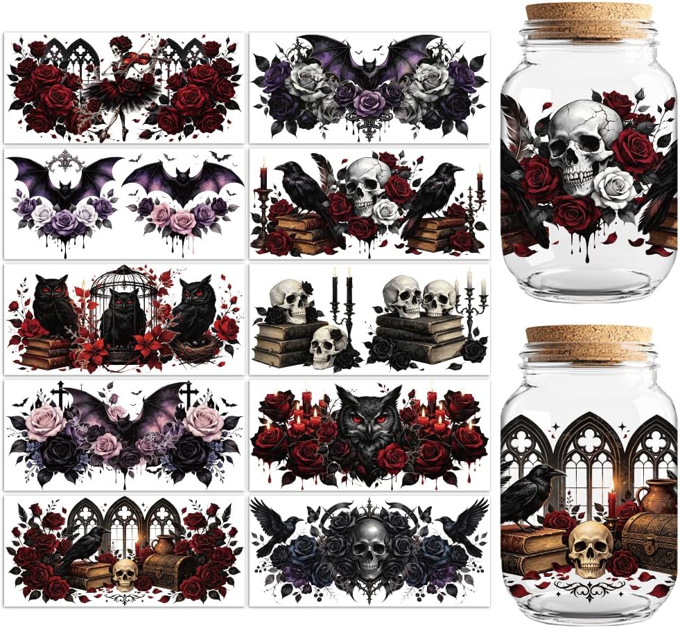 Peacoblue Gothic Raven Rose UV DTF Cup Wraps, 10 Sheets Transfer Sticker