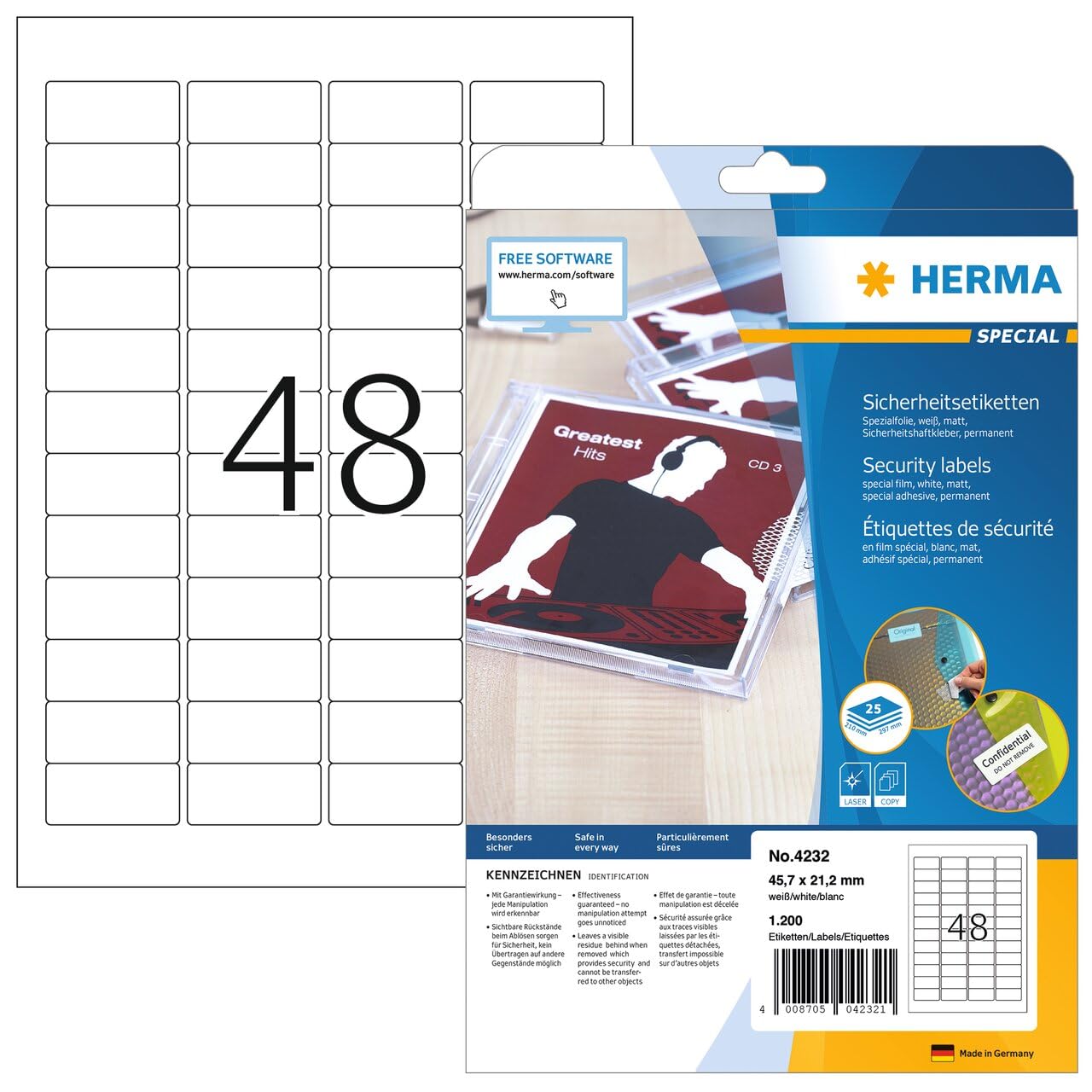 HERMA Security Labels A4 45.7x21.2 mm White Extra Strong Adhesion Film matt 1200 pcs.
