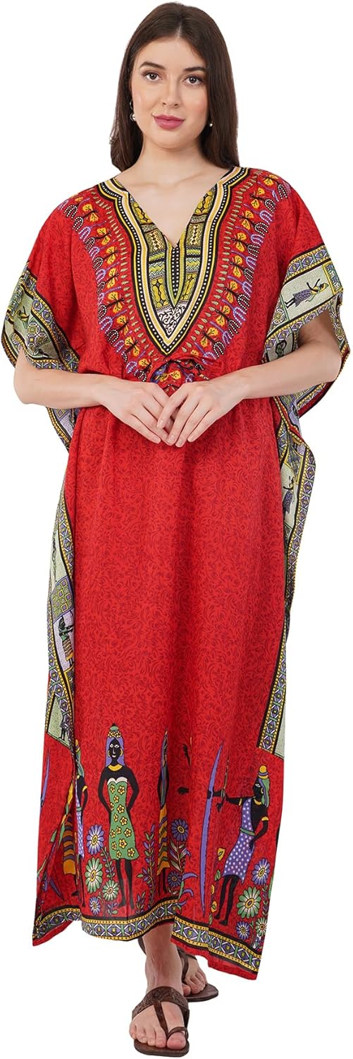 Divine threads Women African Print Kimono Cover Up V Neck Batwing Sleeve Plus Size Beach Kaftan Dresses Brown - Image 2
