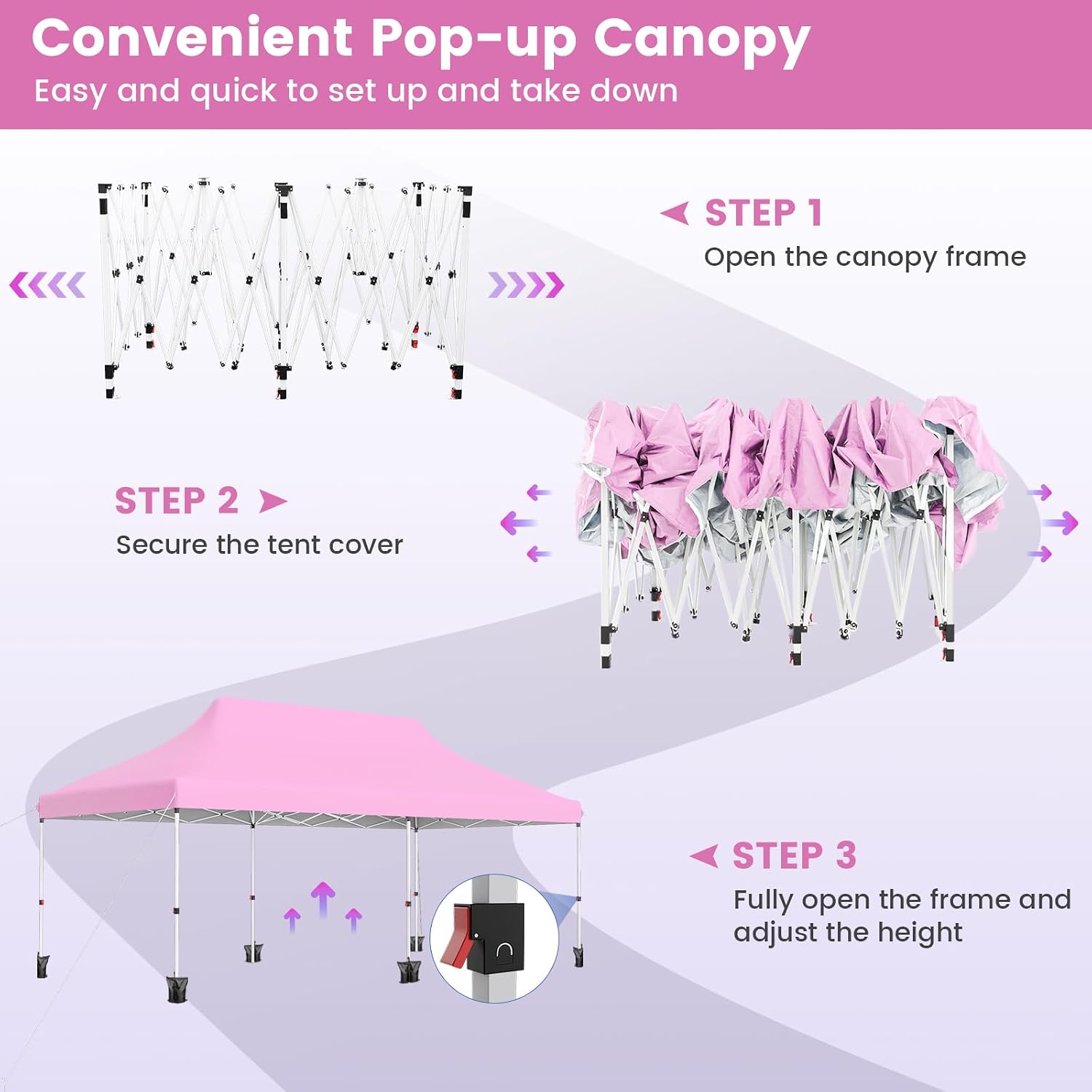 HAPPYGRILL 10 x 20 FT Pop-up Canopy Tent, Waterproof Folding Party Canopy with Carrying Bag, Instant Sunshade Shelter, Sun Protection, Heavy-Duty Outdoor Tent (Pink)