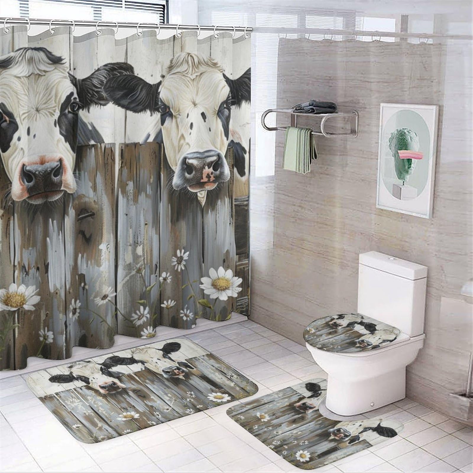 FOCCAFB 4Pcs Farmhouse Cow Bathroom Sets with Shower Curtain Rugs Mats Rustic Wooden Natural Animal Bathroom Decorations Sets with Non Slip Rugs