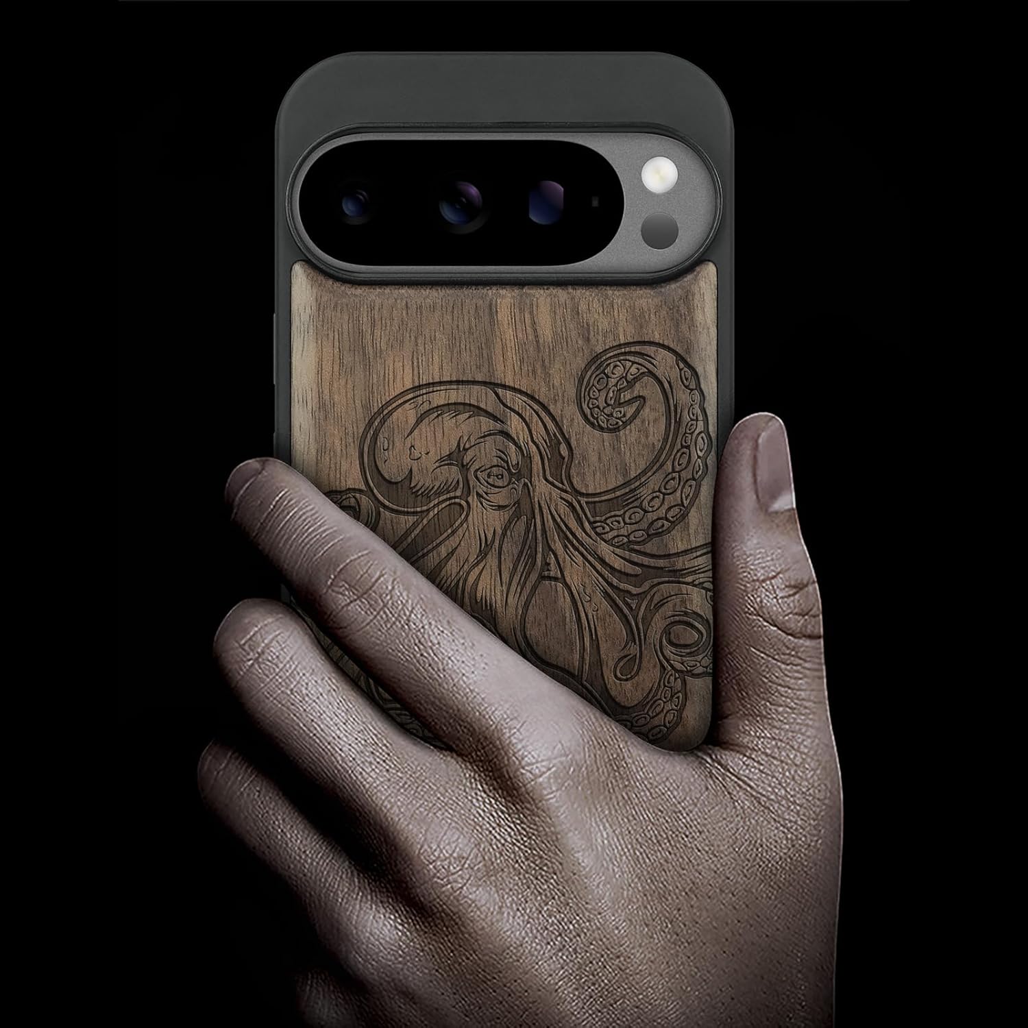 Carveit Magnetic Wooden Case for Pixel 10 Pro Google 10 Pro Case, Wood Artisan Engraved & Soft TPU Shockproof Cover, Compatible with MagSafe Wireless Chargers (Octopus Drawing) Walnut