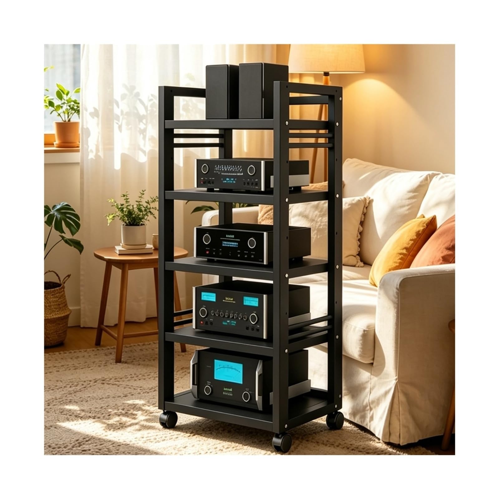 Mobile Giradischi, 5/7 Rack Audio Mobile Porta Stereo Hi Fi Con Ruote Universali, Amplificatore Mobiletto Regolabile，Scaffale AV Per Rack HiFi Mobiles, per Porta Vinili(Nero,5tier)