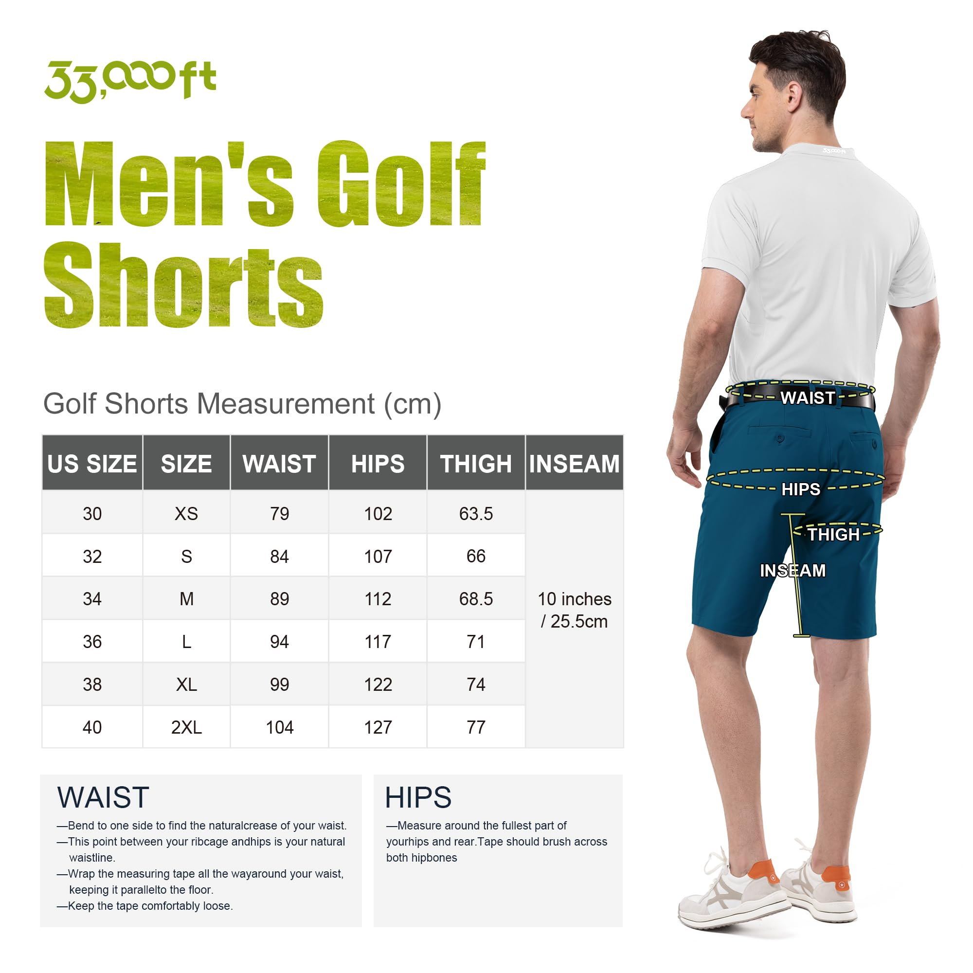 33,000ft Hommes Short de Golf, Short d'extérieur UPF 50+, Short de Randonnée Léger et Extensible à Séchage Rapide, Short de Golf Décontracté pour Homme d'affaires