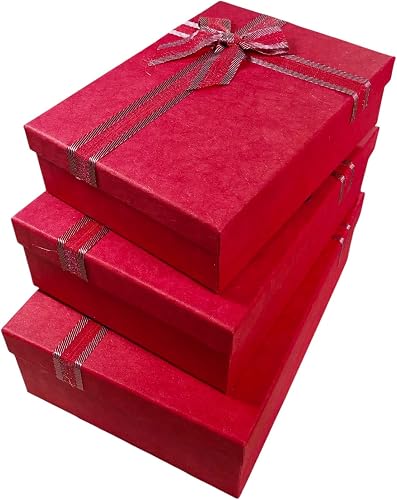 3-Piece Luxury Brown & Gold Gift Box Set with Ribbon – Elegant Reusable Gift Boxes for Wedding, Birthday, Anniversary, and Holiday Gift Packaging - Red Color