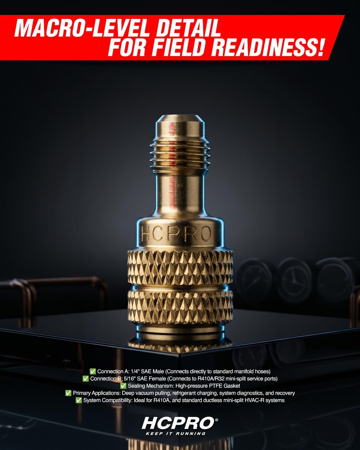 HCPRO R410A Straight Adapter | 1/4" SAE Male × 5/16" (1/2"-20 UNF) Female | HVAC Refrigerant Coupler Fitting | Mini Split AC Charging Tool | Air Conditioner Service Connector