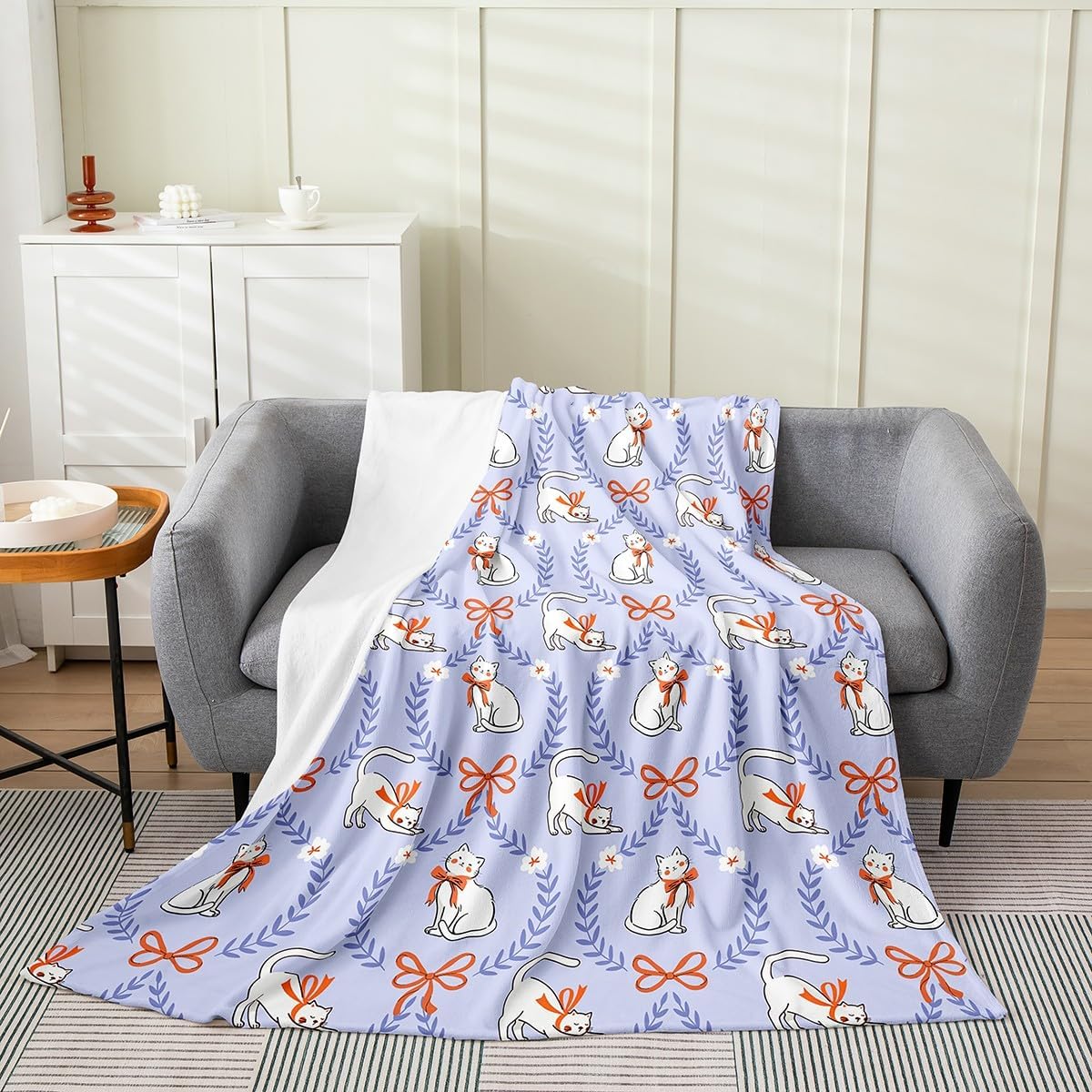 Lovely Cat Fleece Blanket,Red Bow-tie Kawaii Pet Animal Kitten Bed Blanket for Kids Teens,Purple Leaves Grids Bow Patchwork Purple Flannel Blanket for Room Decor,Queen 90"x90"