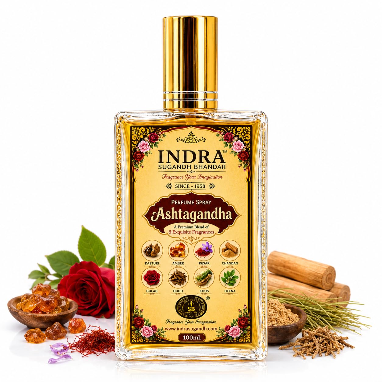 INDRA SUGANDH BHANDAR Perfume Spray For Men|Pooja Use Ashtagandha 8 Variant Combination Kasturi Amber Kesar Chandan Gulab Oudh Hina Mix Rich & Divine 24 Hours Long Lasting Fragrance 100ml Spray Pack-image-40