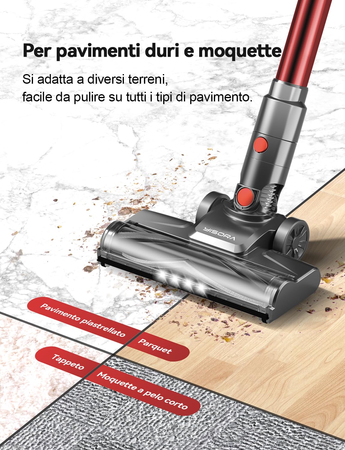 YISORA Aspirapolvere con Filo, Scopa Elettrica con filo 6 in 1 Aspirapolvere e Aspira Briciole, 23kPa 600 W, Lunghezza Cavo 6m, Senza sacco, per Pavimenti duri, tappeti, peli di Animali Domestici (I8