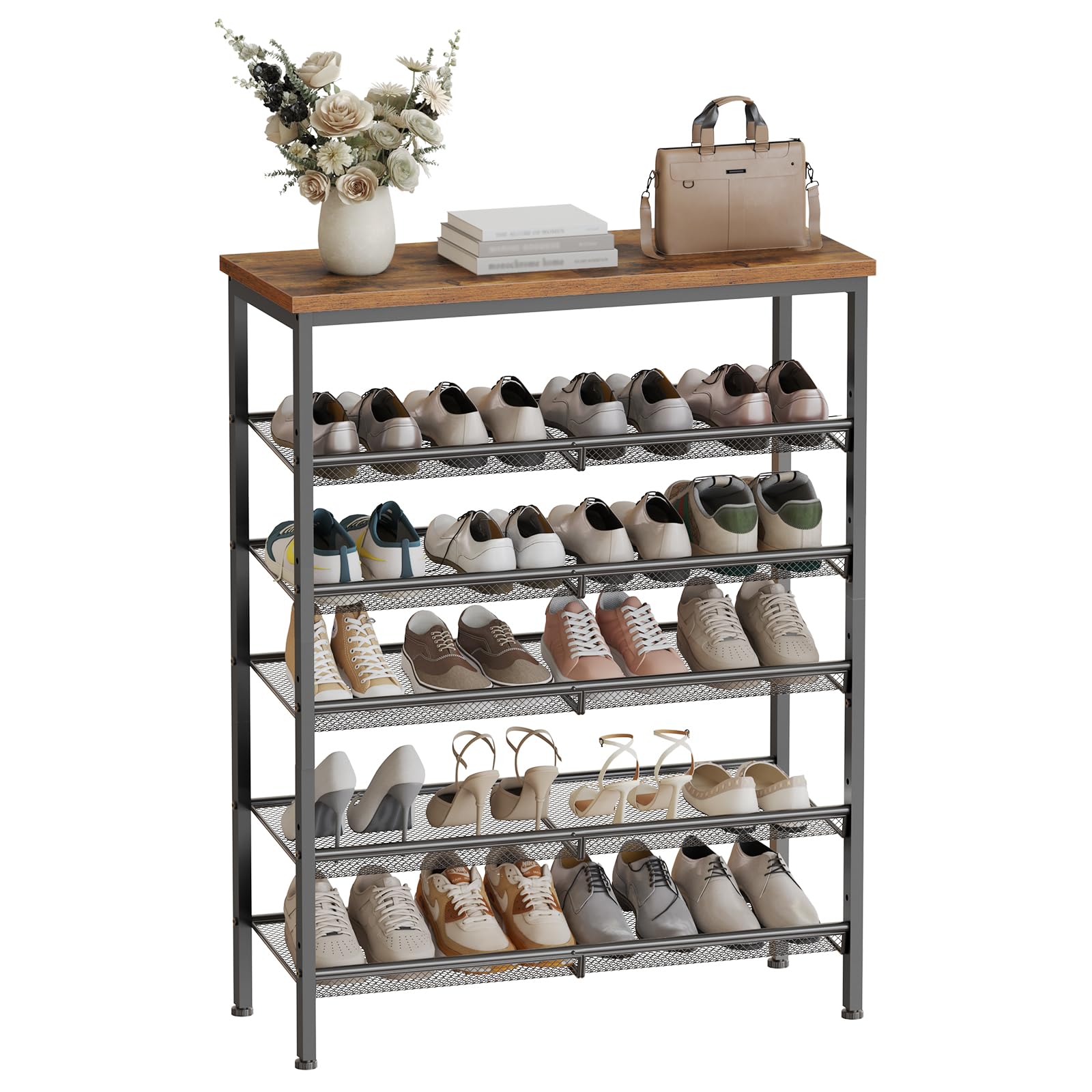 HOOBRO Zapatero, Estantería Zapatero de 6 Niveles, Repisas de Malla Metálica Ajustables, Capacidad para 20-24 Pares, Resistente, Estante Superior Espacioso, Metálico, Marrón Rústico y Negro EBF60XJ01