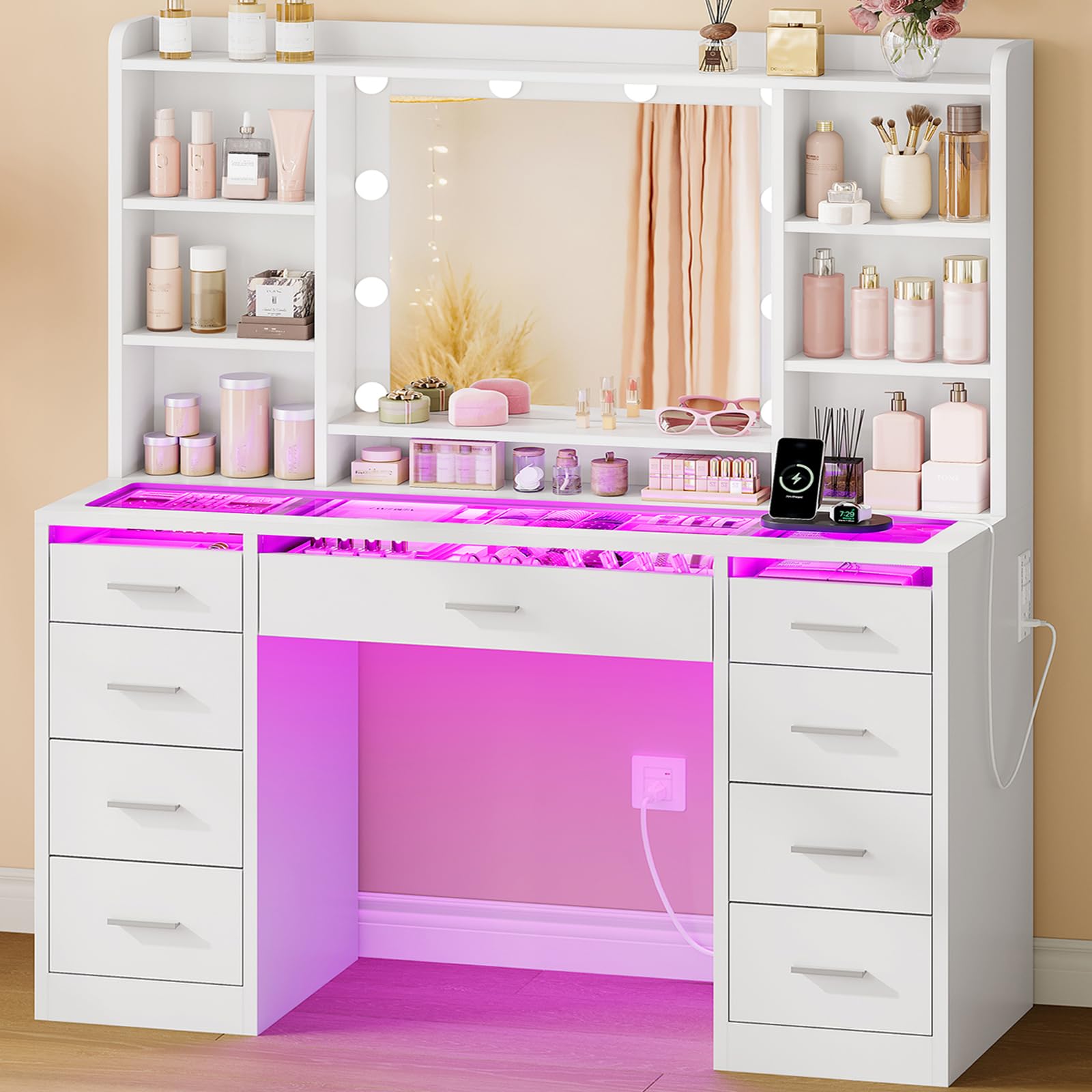 TEENFON Dressing Table with Mirror and RGB Lights, Vanity Desk with Glass Top, 3 Colors LED Lights & Power Outlet, 9 Drawers & 6 Shelves, Adjustable Lighted Vanity for Women & Girls Bedroom, White