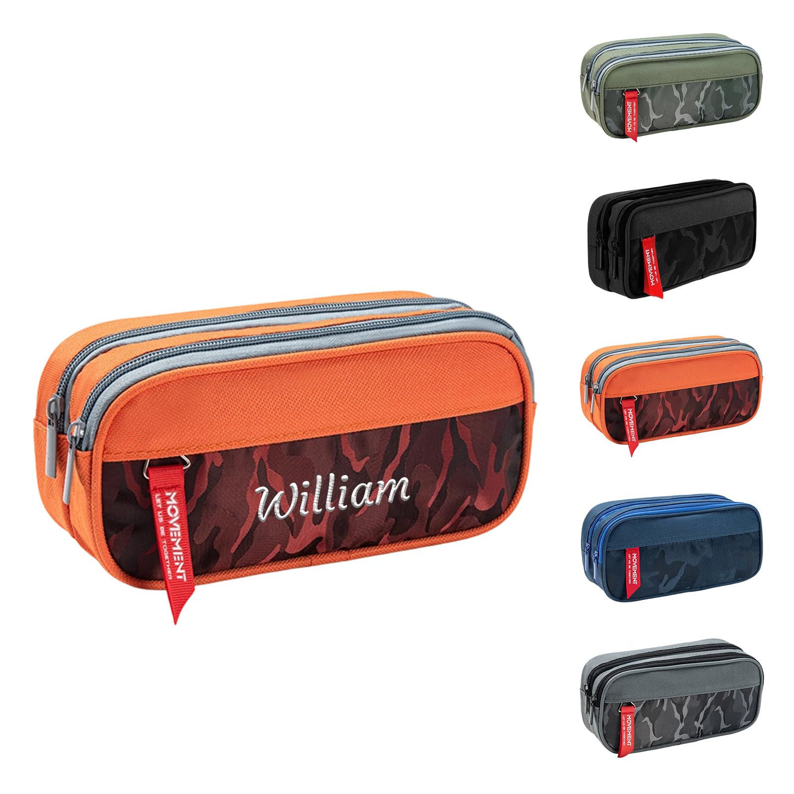 Personalized Pencil Case with Name Embroidery, Three Compartments Pencil Pouch for School Supplies & Office, Camouflage Portable Organiser for Daily Storage/Travel Large Capacity 21.6×9.5cm (Orange)