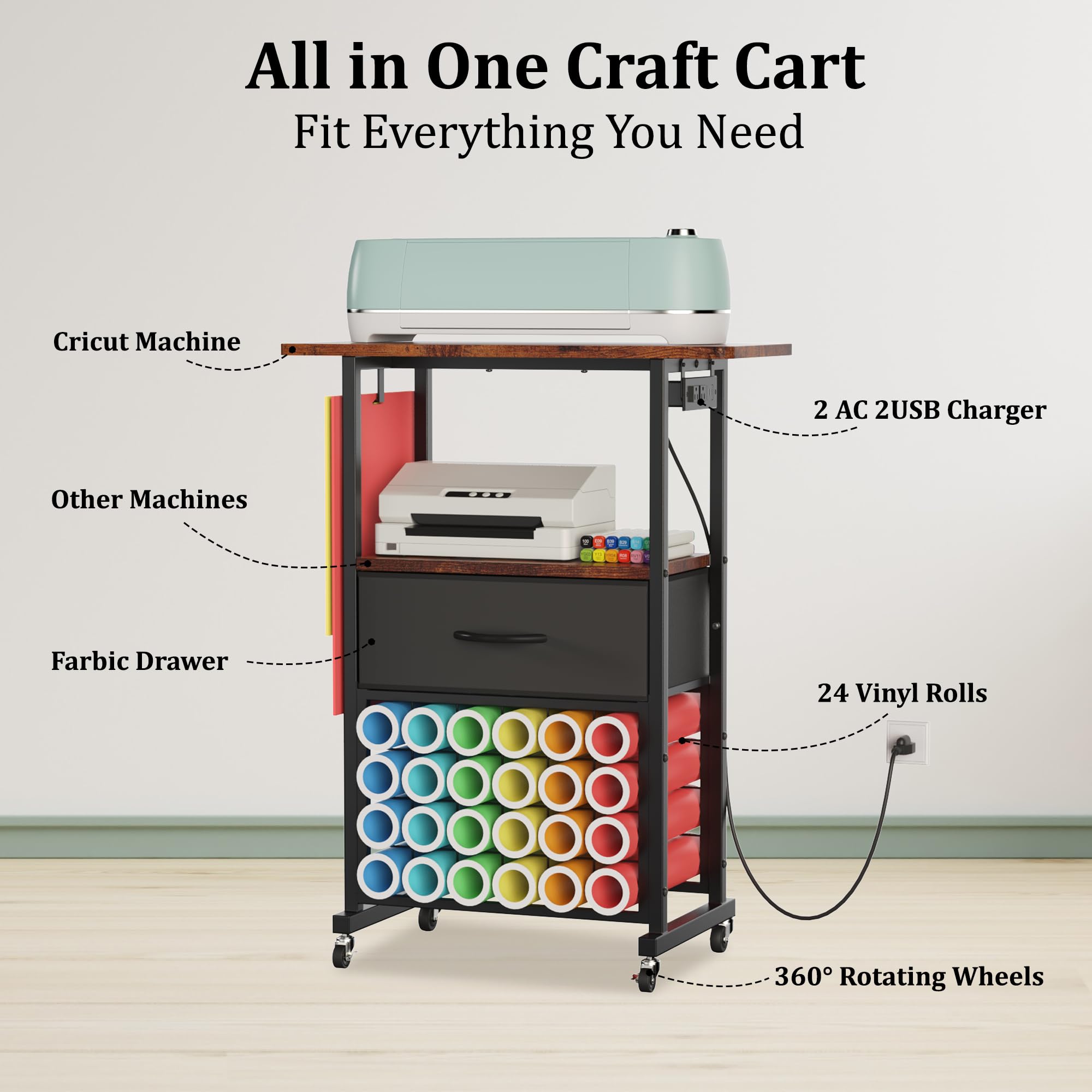3-Tier Rolling Craft Cart With 30 Vinyl Roll Holders - Storage For Cricut Machines & Supplies