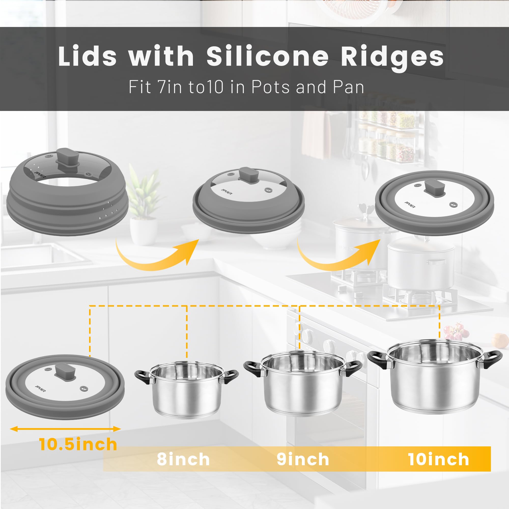Cubierta de salpicaduras de microondas, cubierta de silicona ventilada y vidrio, tapa protectora contra salpicaduras, tapa plegable para alimentos con mango de fácil agarre. (gris, 10.5 pulgadas)
