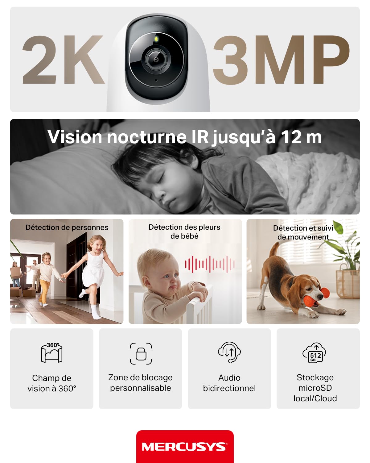 MERCUSYS Caméra Surveillance WiFi intérieure 360° 2K, Vision Nocturne, Notifications en Temps réel, Détection de Personne, Suivi de Mouvement, Télécommande, Compatible avec Alexa, MC210