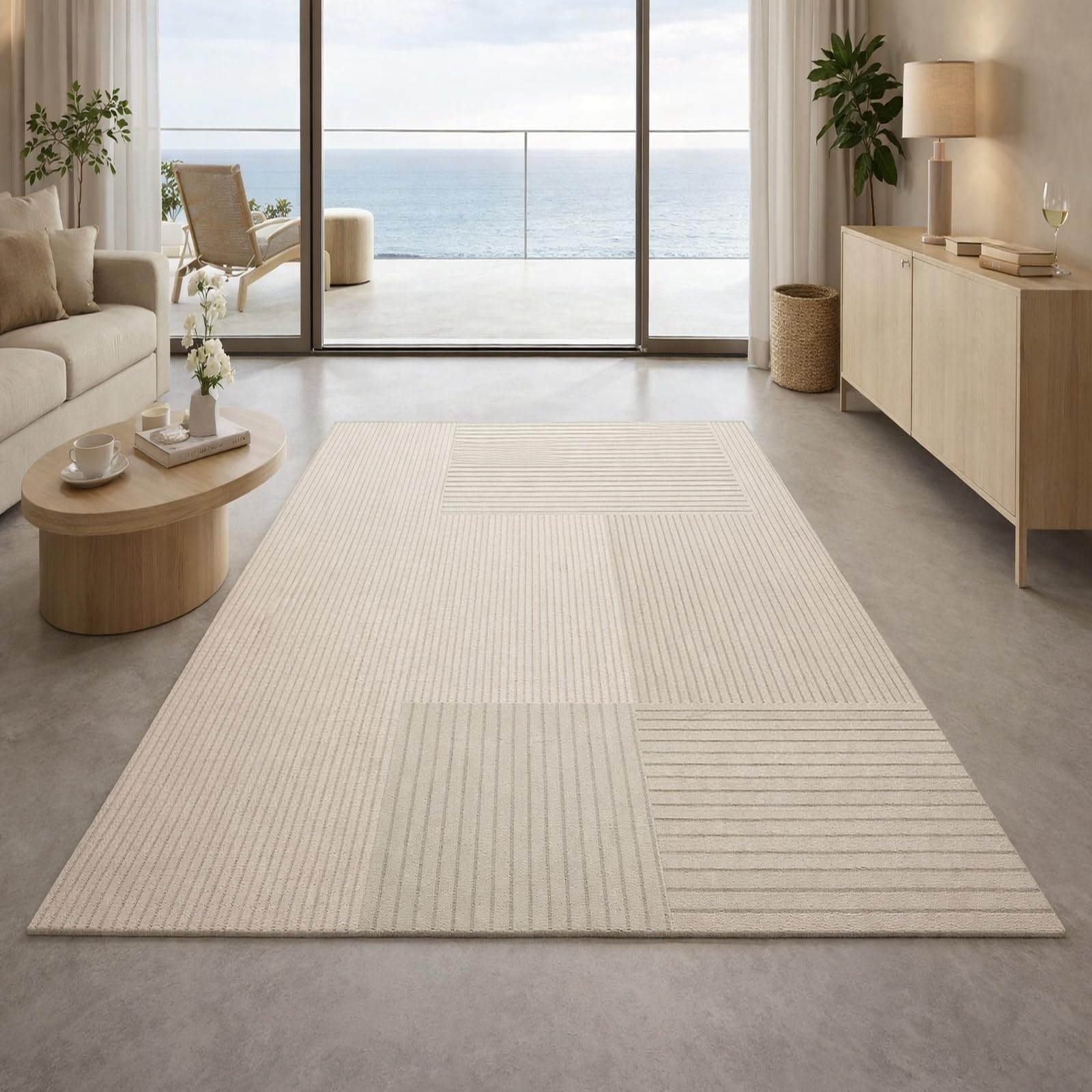 Tapis de salon géométrique beige pour une ambiance cocooning de chambre