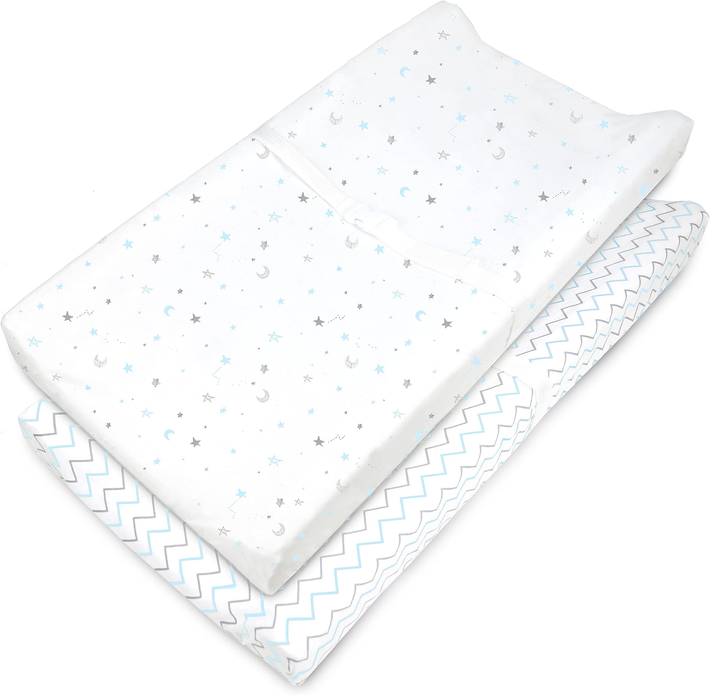 2 Pack Printed 100% Cotton Knit Fitted Contoured Changing Table Pad Cover - Compatible with Mika Micky Bassinet, Blue Stars and Zigzag, for Boys and Girls