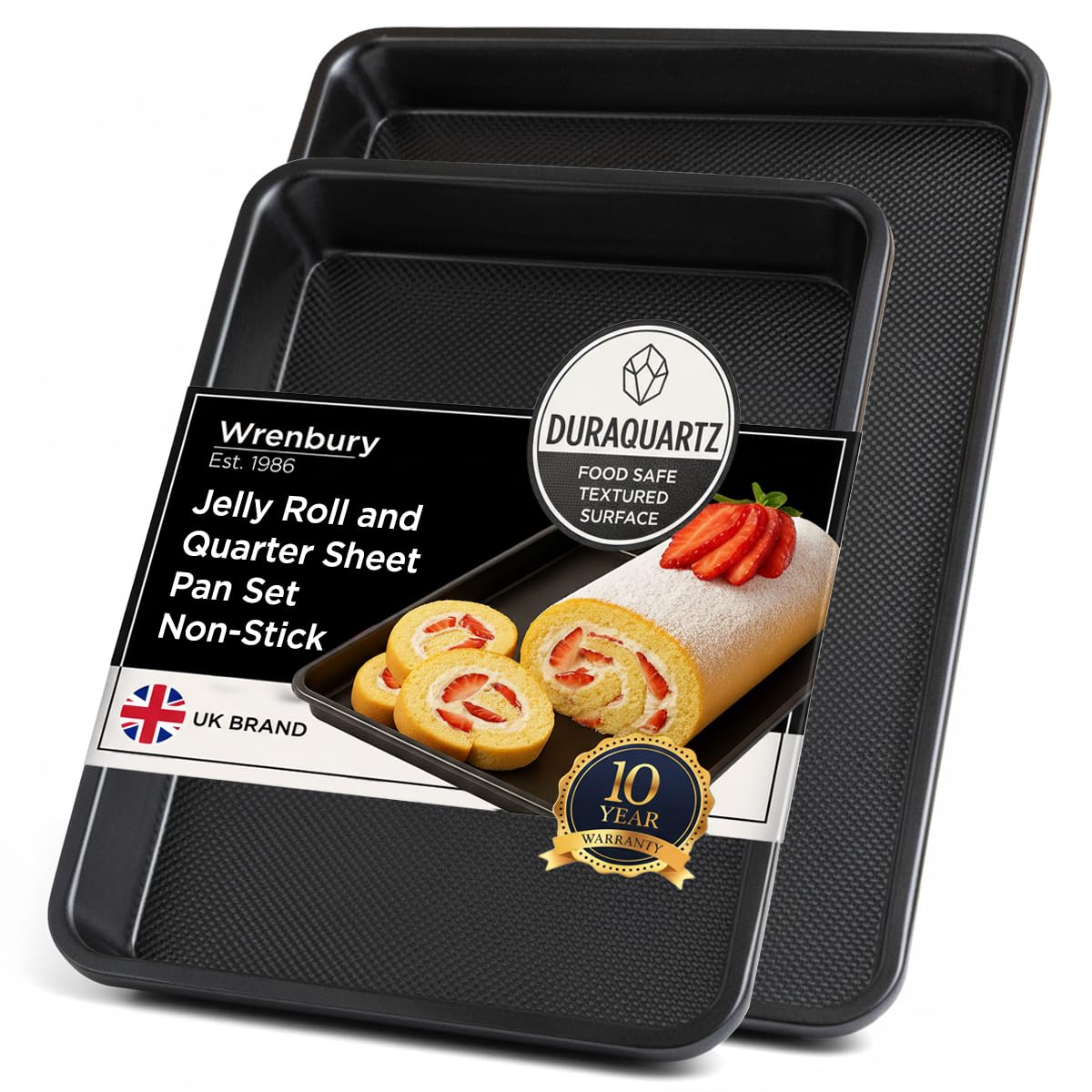 Wrenbury Swiss Roll Tin and Cookie Sheet Set of 2 - Carbon Steel DuraQuartz Non-Stick Flat Chip Trays for Oven - Large Baking Roulade Baking Tray - 39 x 27cm