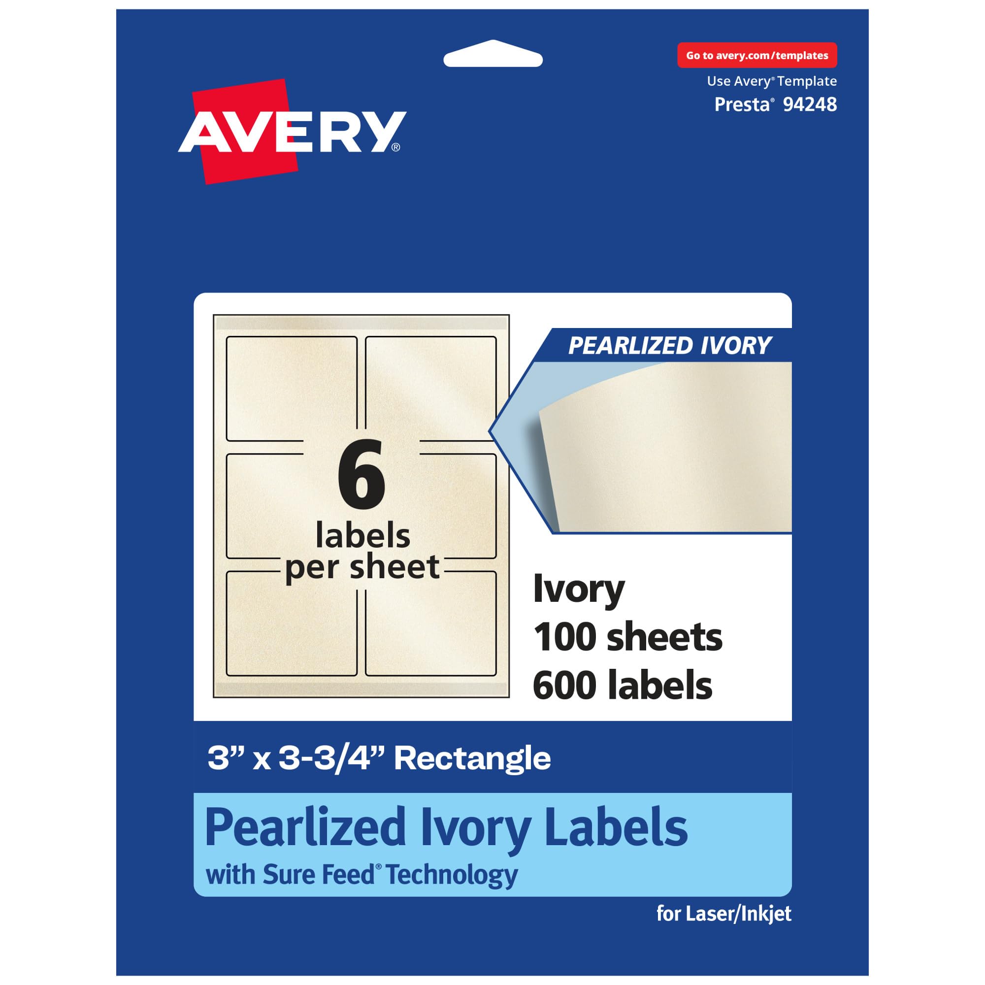 Avery Pearlized Ivory Rectangle Labels, Sure Feed Technology, Print-to-The-Edge, 3" x 3.75", 600 Pearlized Ivory Labels, Laser/Inkjet Printable