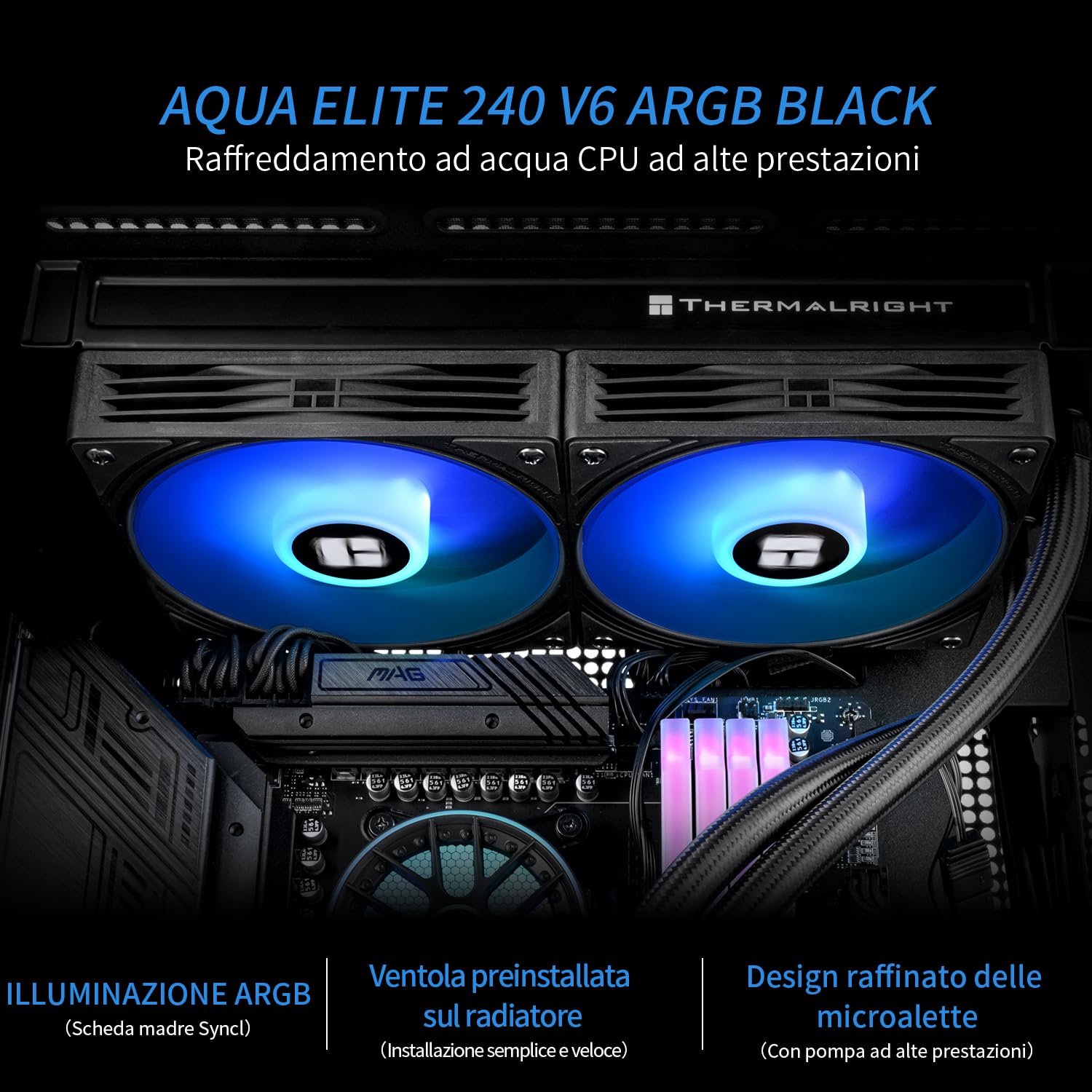 TR - AQUA ELITE 240 V6 ARGB Black AIO CPU Cooler, ARGB PWM Cooler Fans with 2000RPM, for Intel Lga1150/1151/1155/1156/1200/2011/1700/1851, AMD: AM4/AM5, Case 240 AIO Radiator