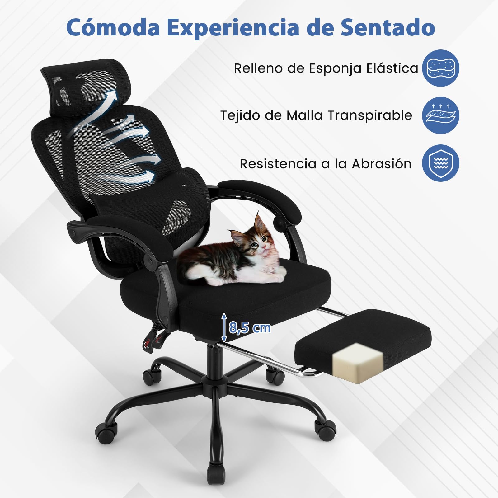 COSTWAY Silla Oficina Ergonomica, Respaldo Alto de Malla y Reposapiés Retráctil, Silla Gaming, Respaldo Inclinable, Reposacabezas, Altura y Soporte Lumbar Ajustables, Office Chair Ruedas