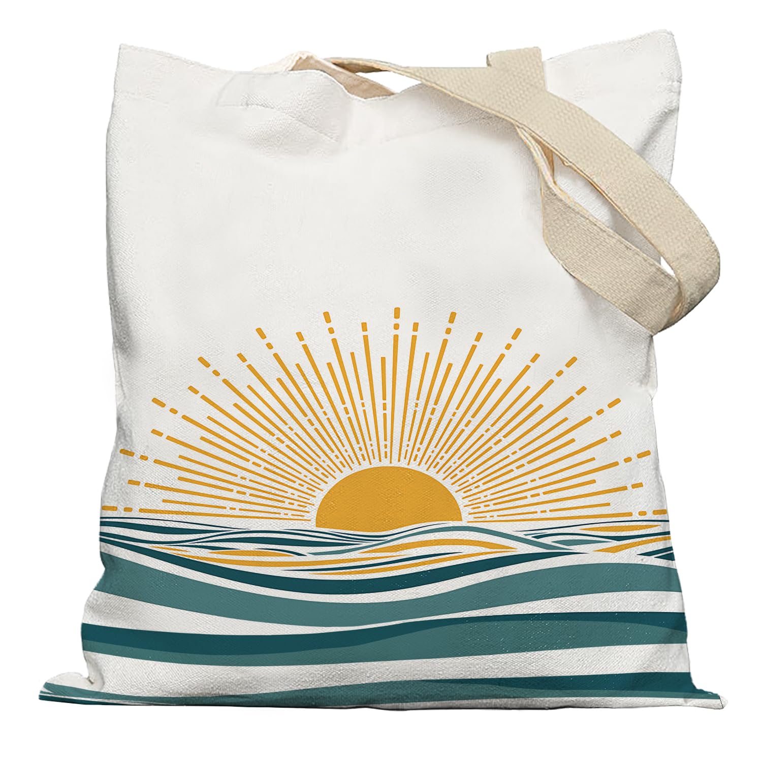 Boho Tote Bag For Women - Abstract Sun & Wave Design Canvas Shopping Bag (White) - View #9