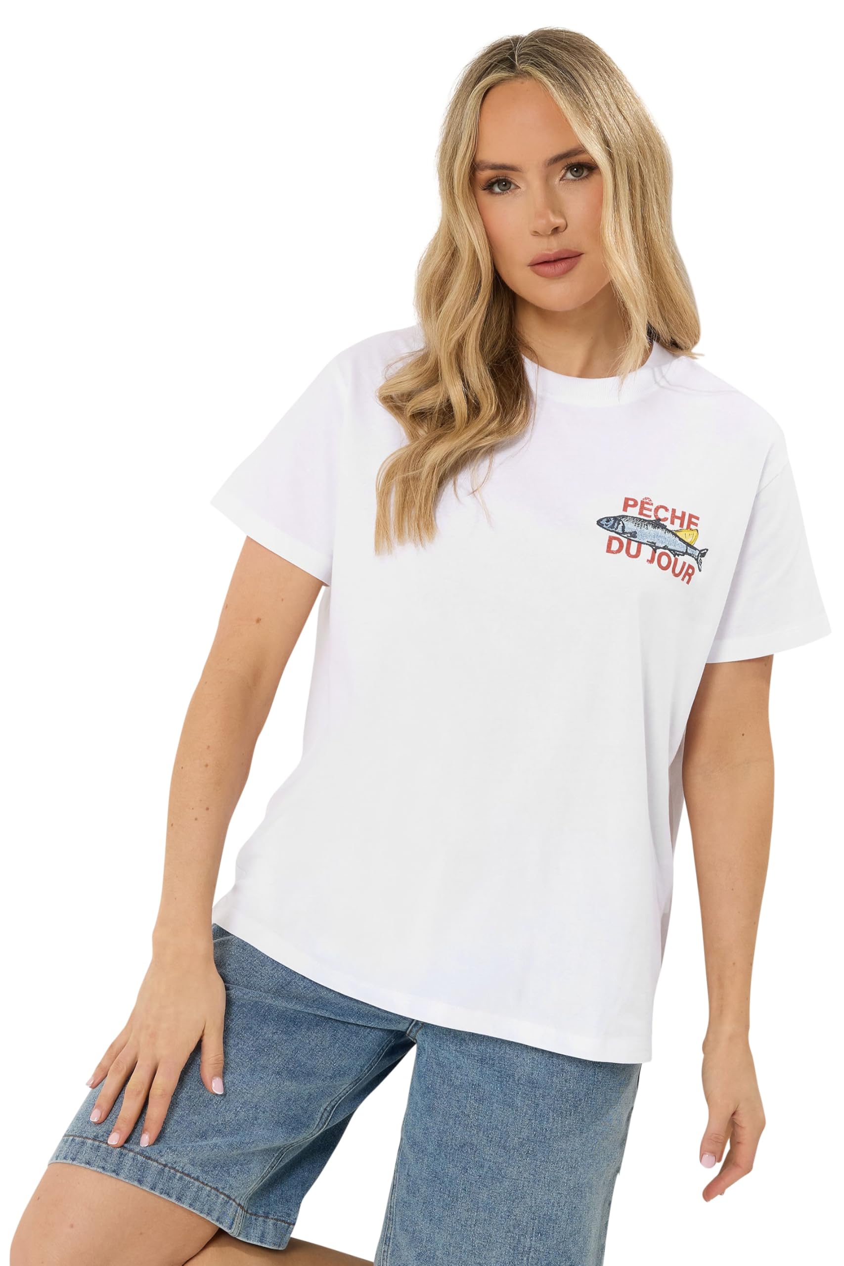 Long Tall Sally Women's White Tall Sardine Graphic Oversized T-Shirt In | Size: 16