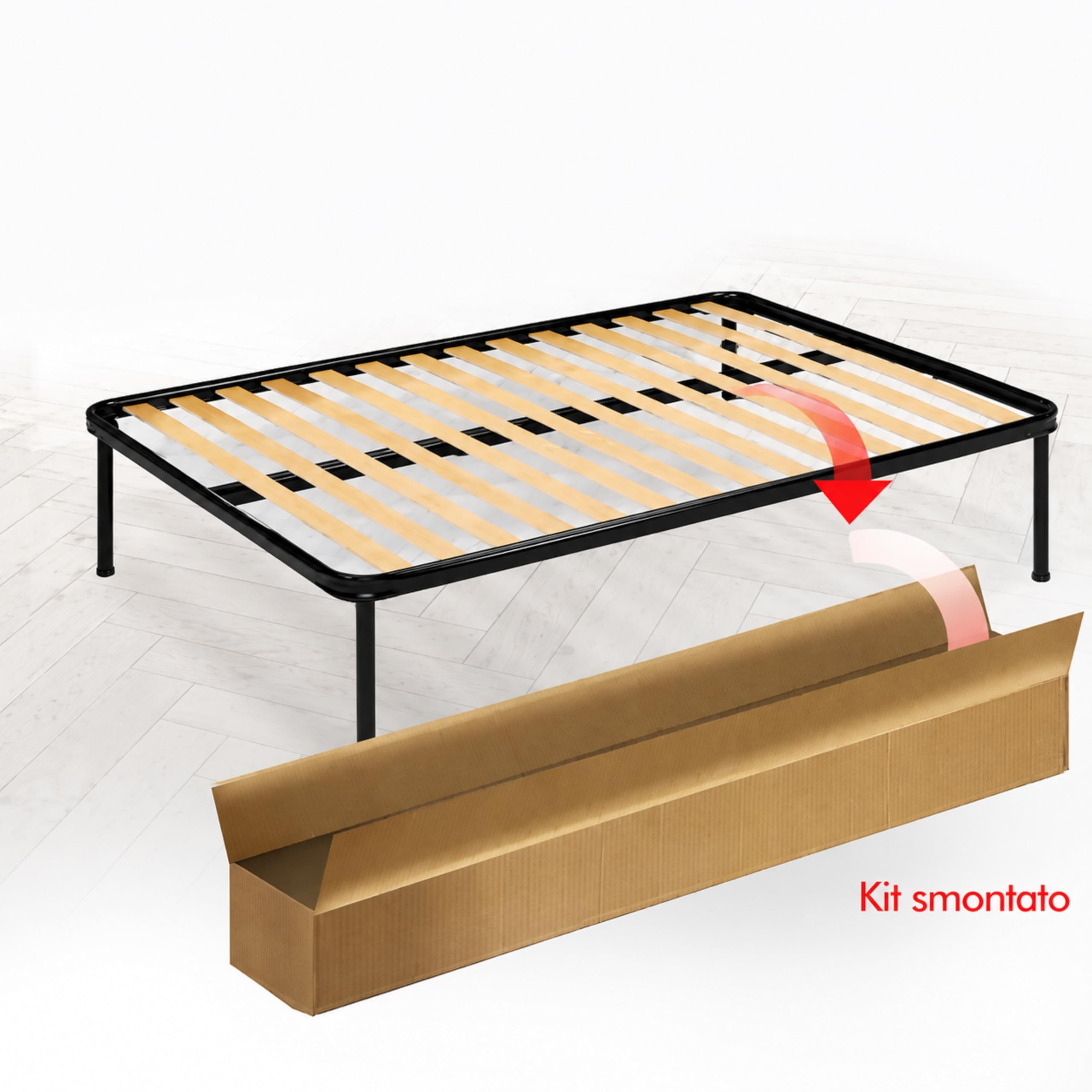 Bissolo Casa Rete Letto Una Piazza e Mezza 120x190 con 13 Doghe in Legno, Struttura in Metallo Nero H36 cm Resistente, Kit Smontato, Facile da Montare