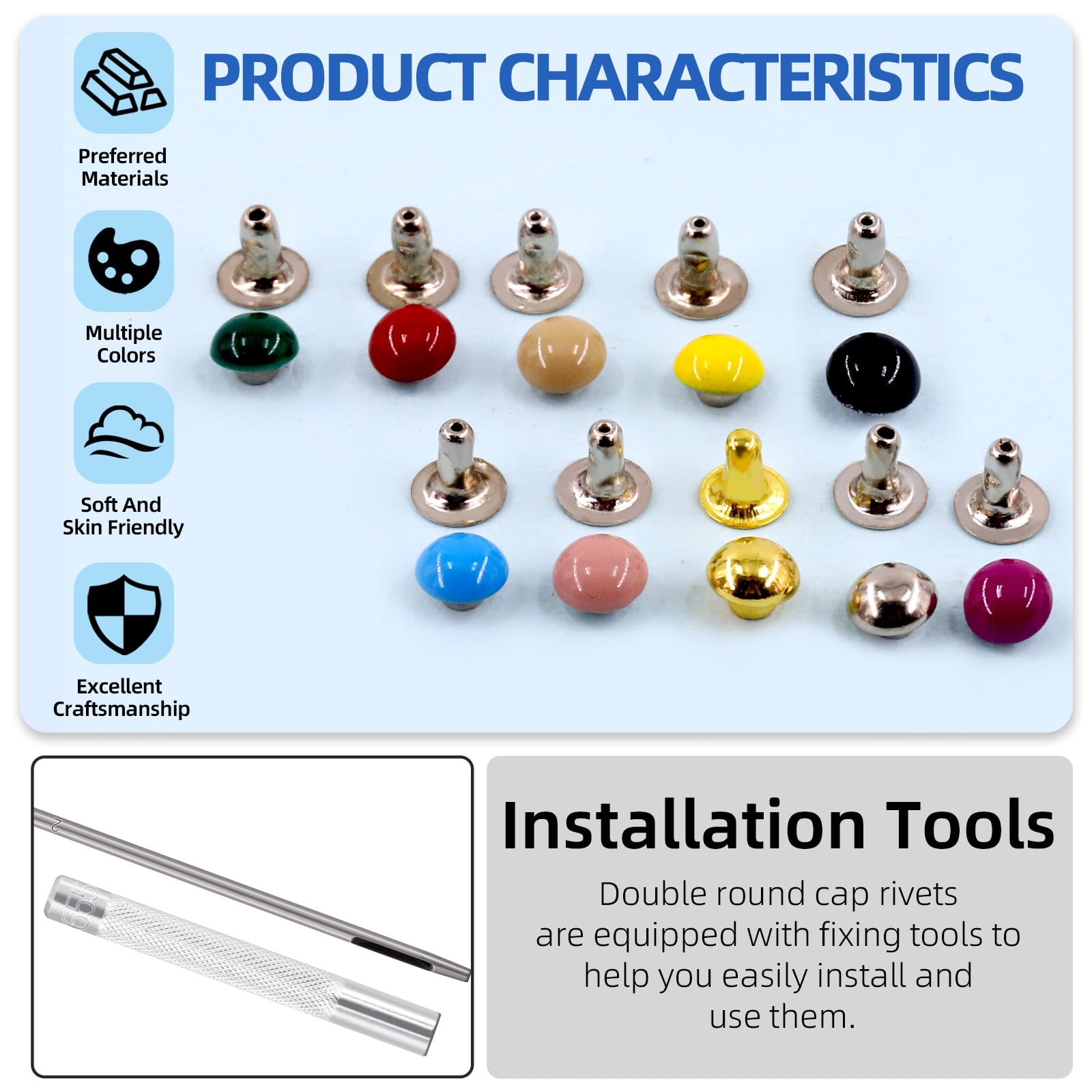 Glarks 200 Set Rivetti In Pelle 7mm – 10 Colori Con Strumenti Di Montaggio Inclusi