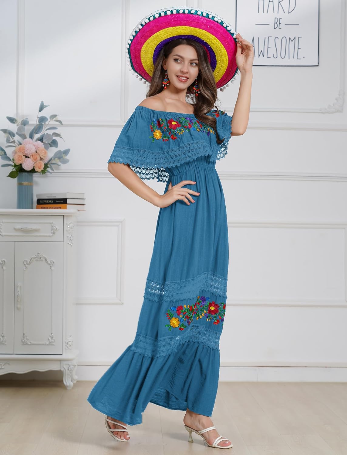 Mexican Dress for Women Traditional Off Shoulder Embroidered Present Casual Lace Long Maxi Dress Cinco de Mayo Outfit - Image 3