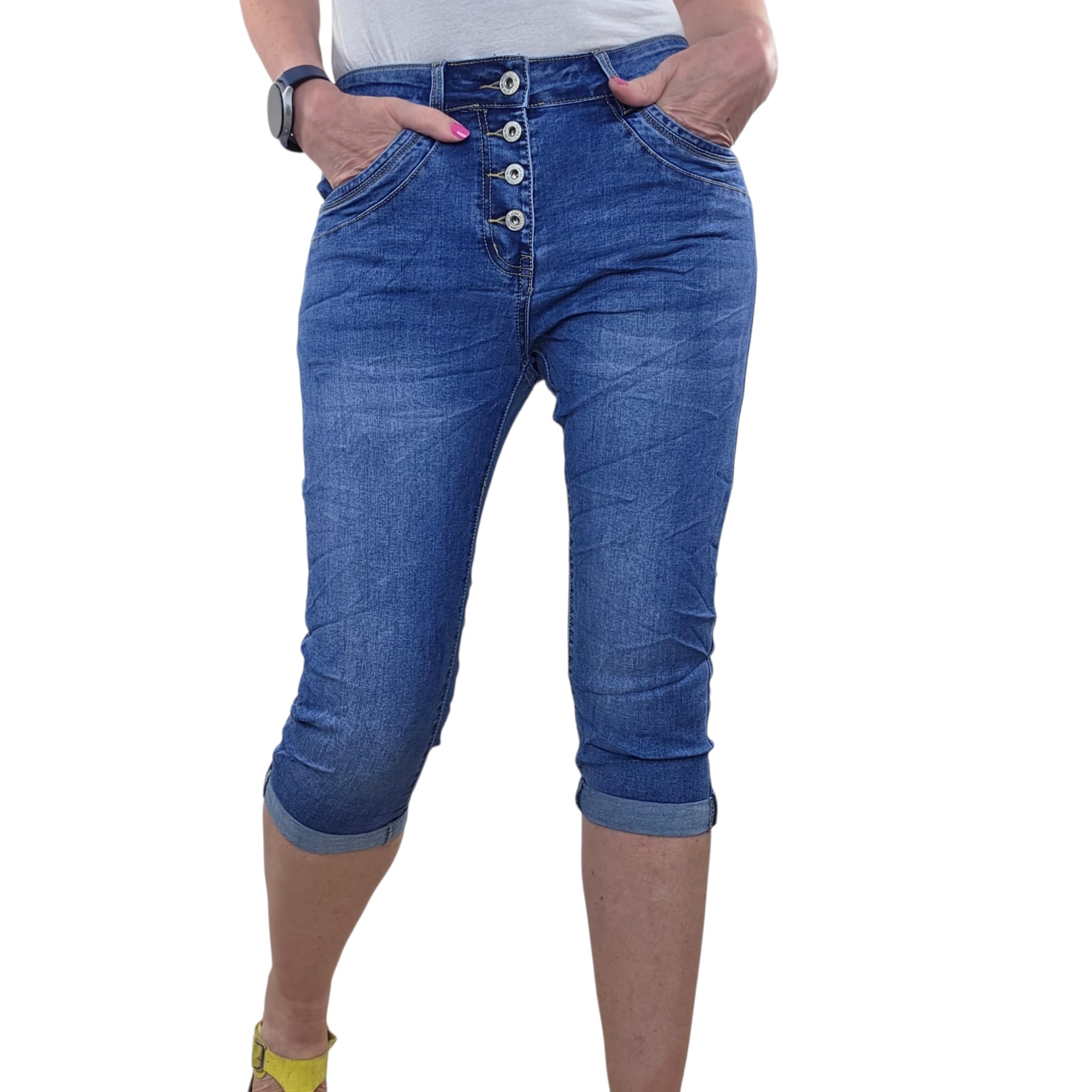 Karostar Bermuda baggy en denim stretch pour femme - Pantalon court en denim - Bijou décoratif - Boutons - 7/8 Capri